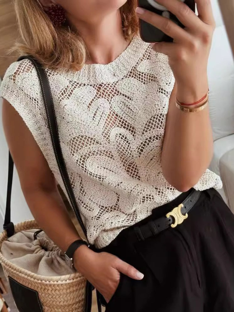 Loose Hollow Knit Vest Crop Top Women Commuter N6G268