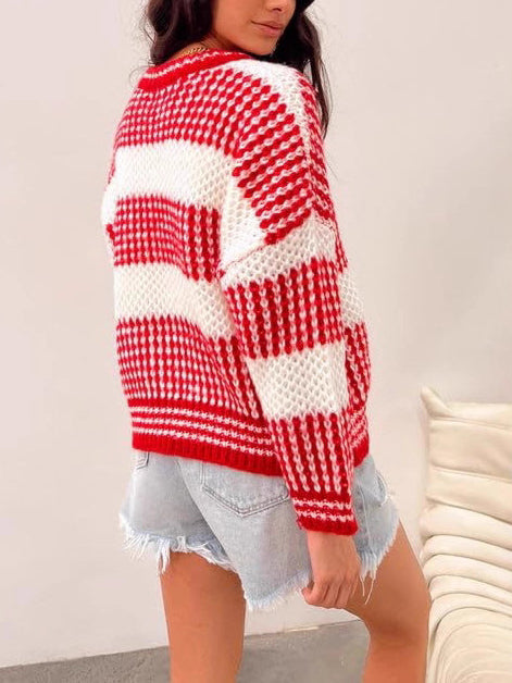 Block Round Sweater Lightweight Red White N5Z885