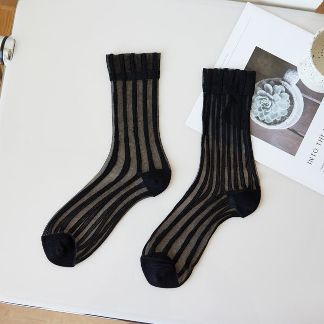 Vertical Rib Crystal Sheer Mid-Calf Socks Women N6H032