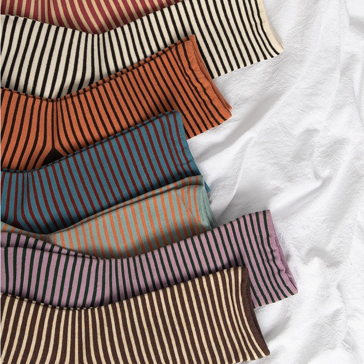 Solid Base Striped Cotton Mid-Calf Socks Women N6H011