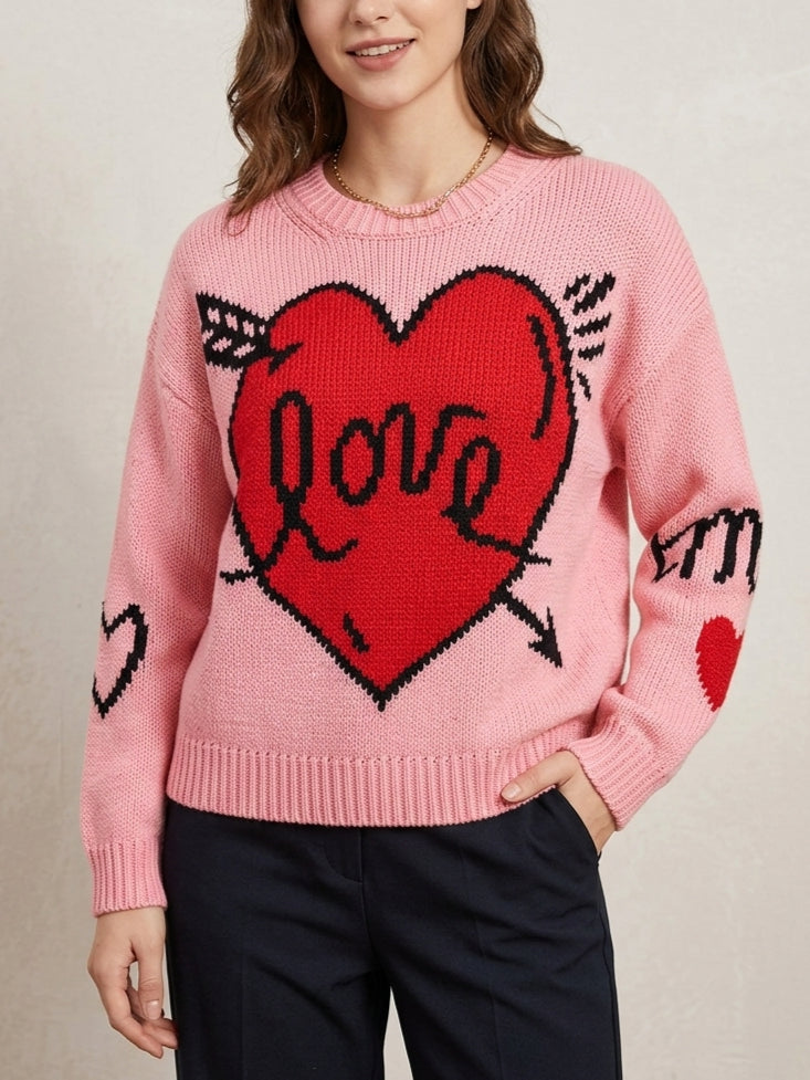 Heart Print Long Sleeve Round Neck Loose Knit Sweater N6H302
