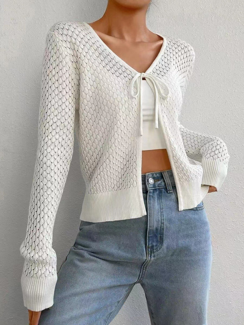 Lace Tie-Front V-Neck Knit Cardigan Women N6D076