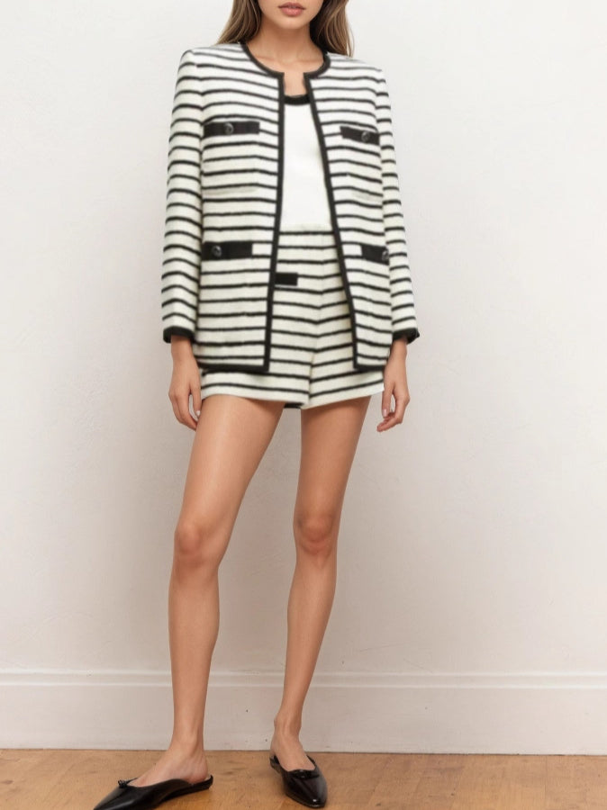 Black White Stripe Multi Pocket Jacket Women N5A052