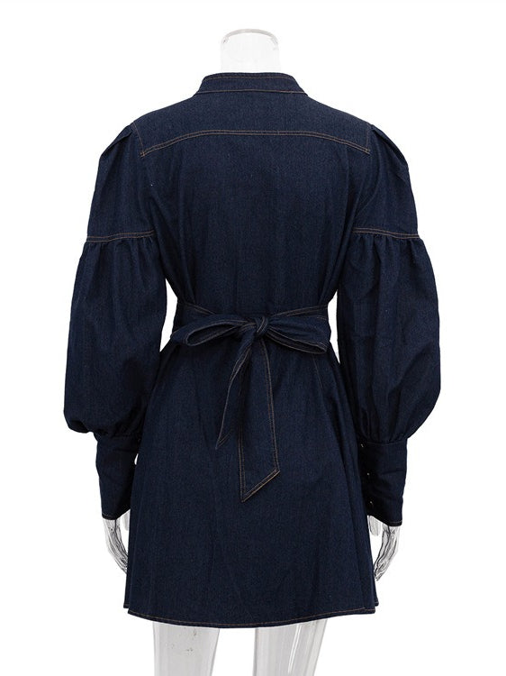 Denim Shirt Dress with Lantern Sleeve and Tie Belt  N6C194