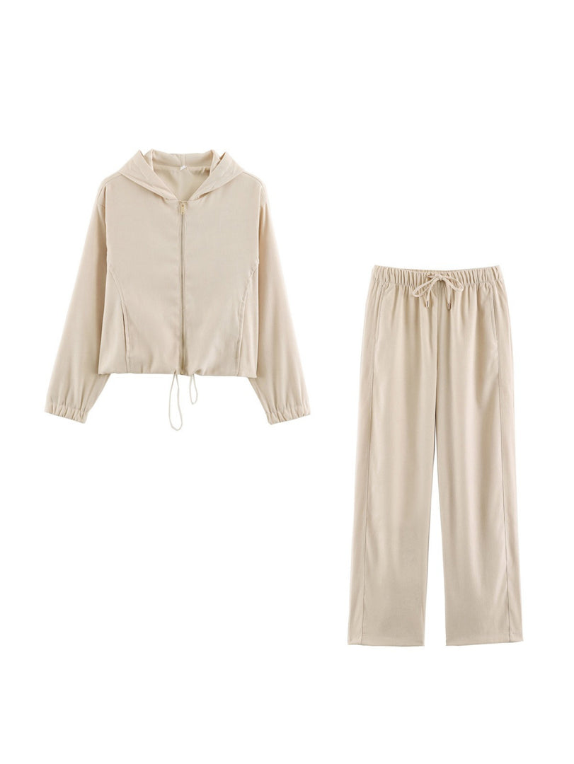 Drawstring Hooded Zip Jacket & Jogger Pants Set Women N6H128