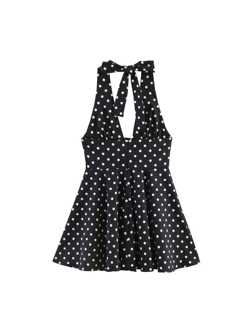 Polka Dot Halter Backless Dress Women Slim Fit N6F196
