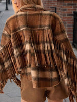 Load image into Gallery viewer, Check Fringe Wool Coat Long Cropped Khaki N5Z588
