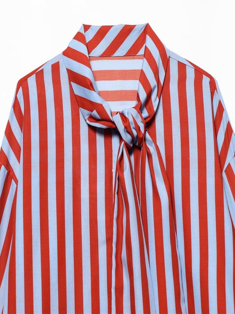 Bow Tie Striped Long Sleeve Shirt Women N6C108