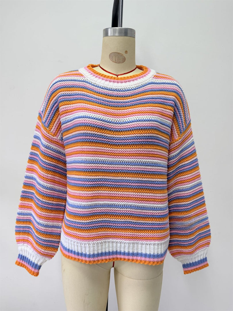 Striped Round Neck Oversized Knit Pullover Women N6G184