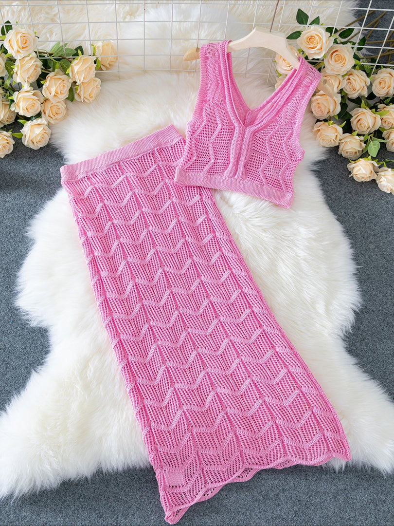 Pink Crop Halter Top and Slit Skirt Set Women N6C294