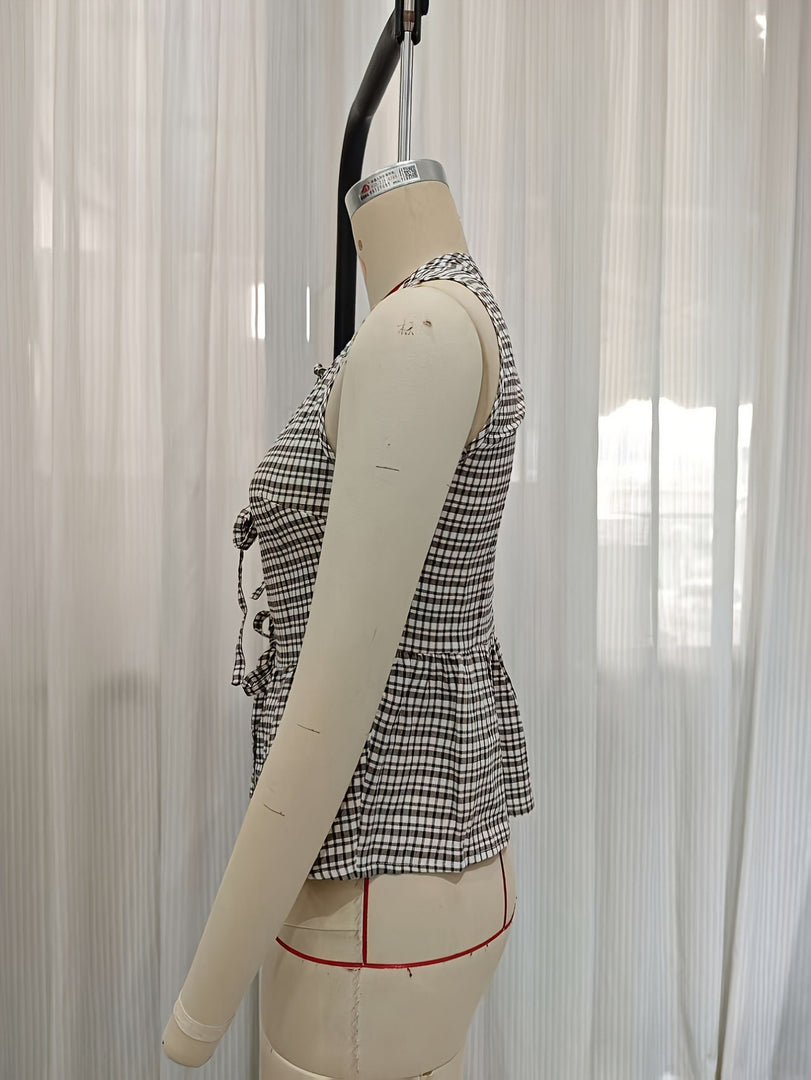 Plaid Sleeveless Vest with Tie Front Women N6E174