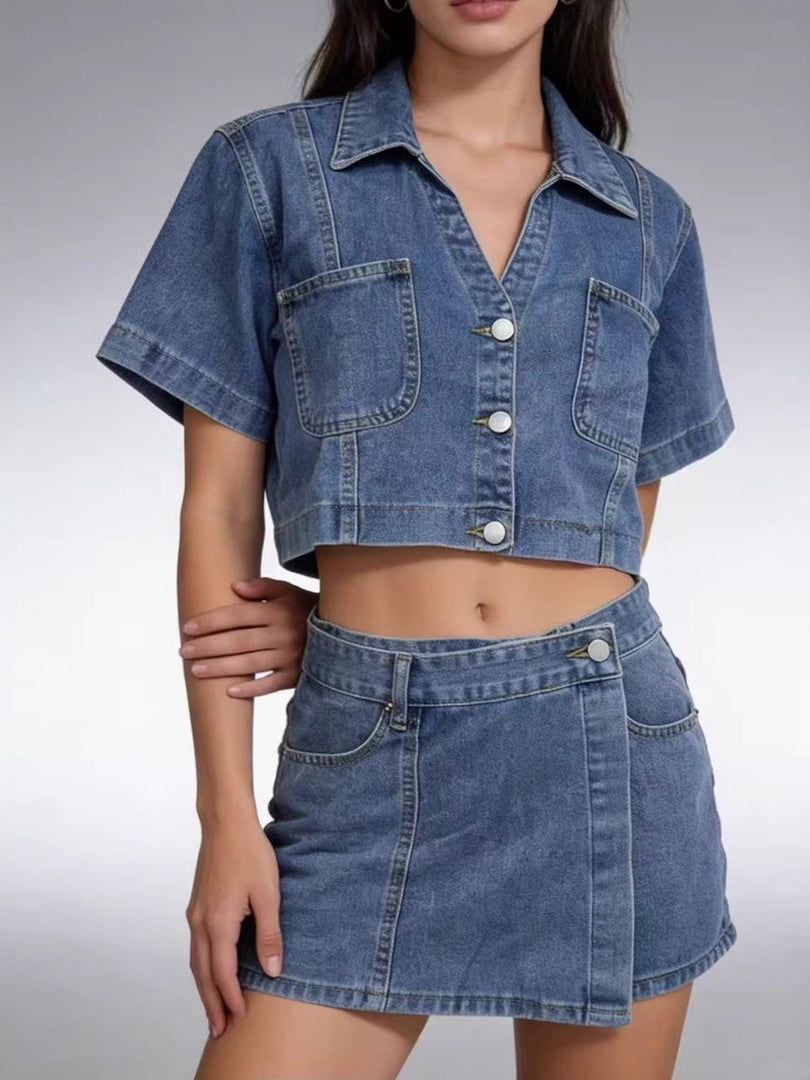 Denim Shirt and Shorts Set Women Relaxed Fit N6D168