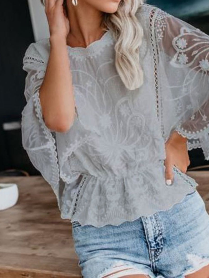 Lace Ruffle Batwing Sleeve Blouse Women Chiffon N6G269