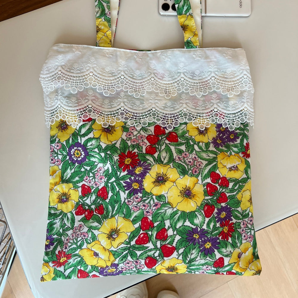 Lace Trim Floral Tote Bag Women Book Bag N6E035