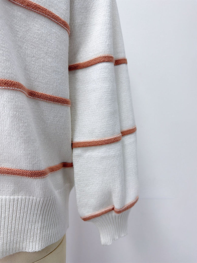 Striped Zip-Up Knit Pullover Women Round Neck N6G180