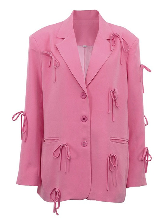 Bow Detail Pink Loose Blazer Women N6C193