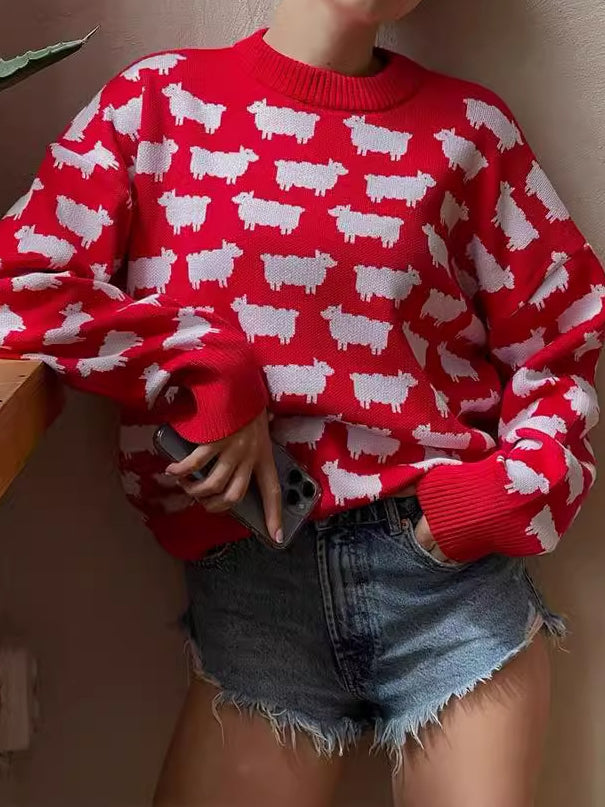 Alpaca Print Crew Knit Set In Mid Weight N5Z413