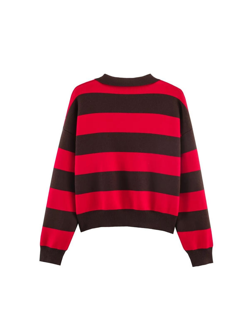 Simple Striped Polo Collar Knit Pullover Women N6G172