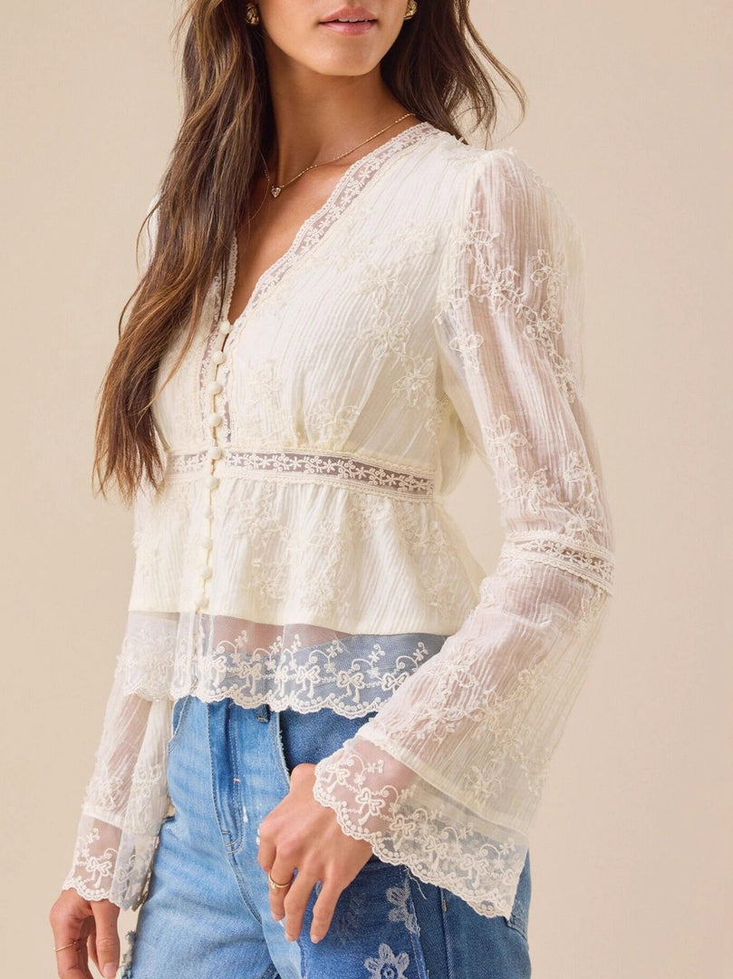 White V-Neck Lace Shirt Women N6C122