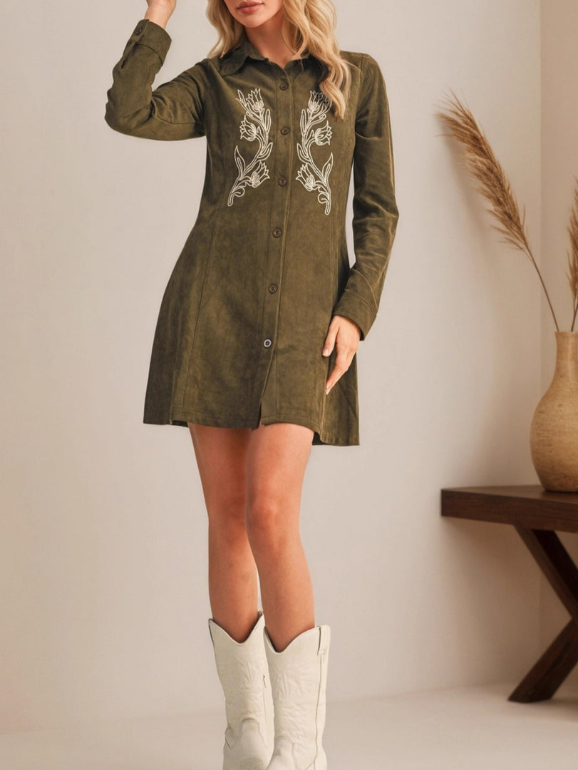Floral Embroidered Suede Texture Lapel Dress Women N6G292