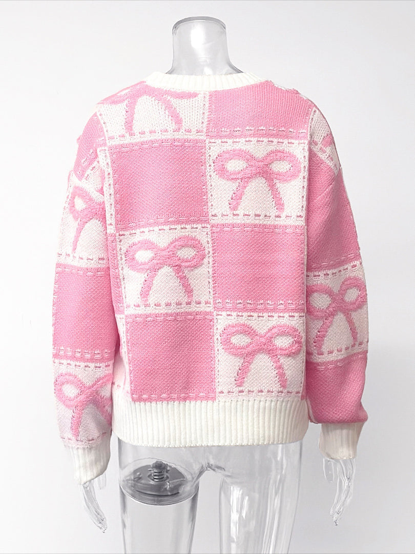 Sweet Bow Detail Pink Acrylic Knit Sweater Loose Fit N6G129