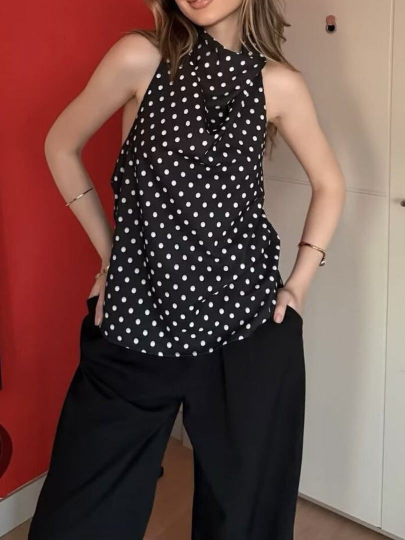 Polka Dot Halter Neck Tie-Up Top Women N6E159