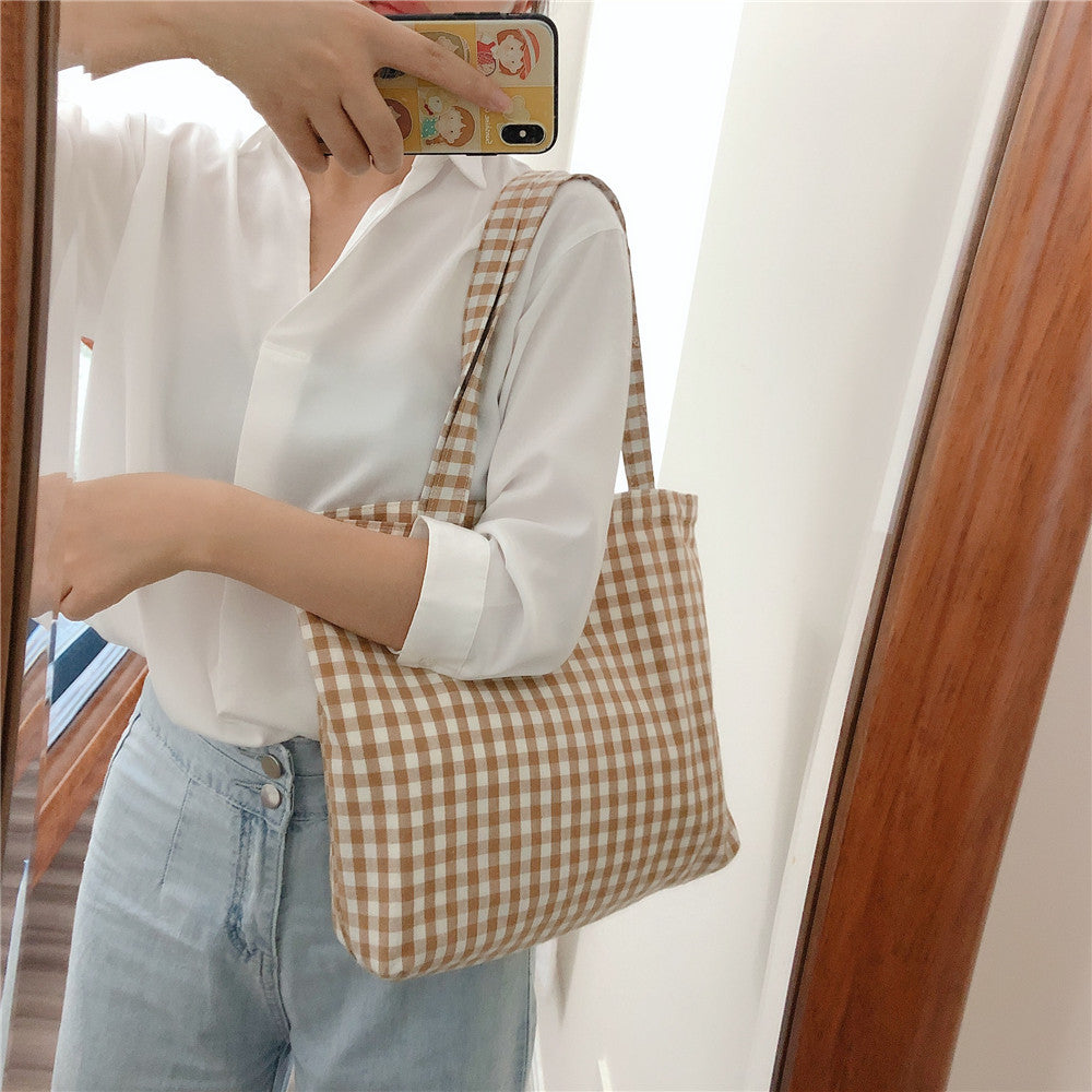 Grid Canvas Shoulder Bag Everyday Casual Tote N6F109