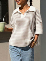 Load image into Gallery viewer, Stripe V-Neck Colorblock Drop Shoulder Polo Tee N6G285