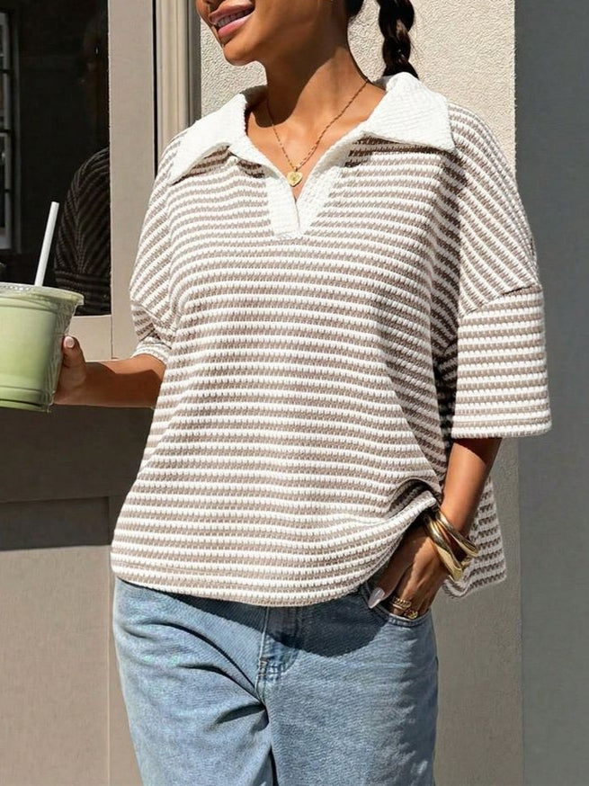 Stripe V-Neck Colorblock Drop Shoulder Polo Tee N6G285