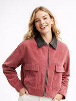 Load image into Gallery viewer, Corduroy Blend Leather Collar Jacket Women N6C138