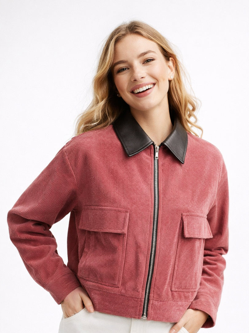 Corduroy Blend Leather Collar Jacket Women N6C138