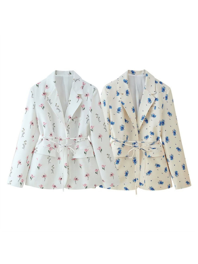 Floral Belted Blazer Women Loose Fit Suit Jacket N6G161