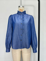 Load image into Gallery viewer, Denim Look French Vintage Ruffle Blouse Women N6C126