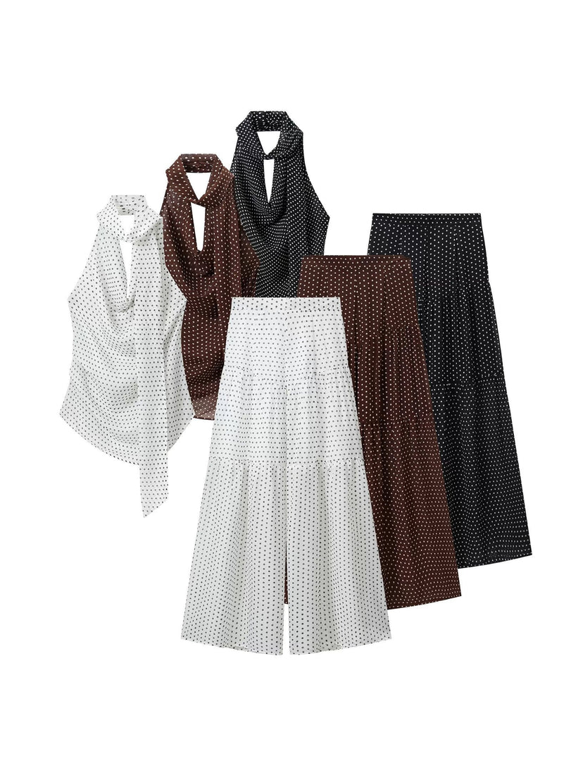 Polka Dot Halter Chiffon Top Pleated Pants Set N6F259