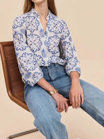 Load image into Gallery viewer, Blue White Pattern Stand Collar Shirt Women N6C125
