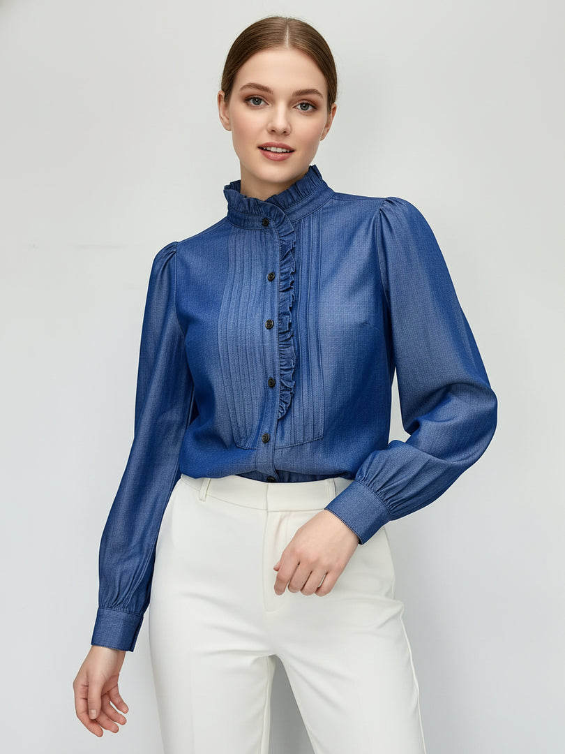 Denim Look French Vintage Ruffle Blouse Women N6C126