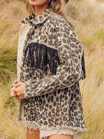 Load image into Gallery viewer, Fringe Leopard Denim Jacket Women Washed N5A118
