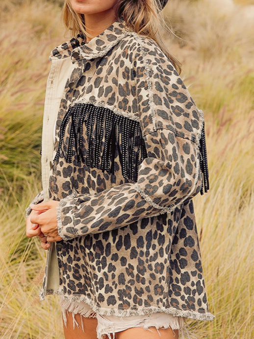 Fringe Leopard Denim Jacket Women Washed N5A118