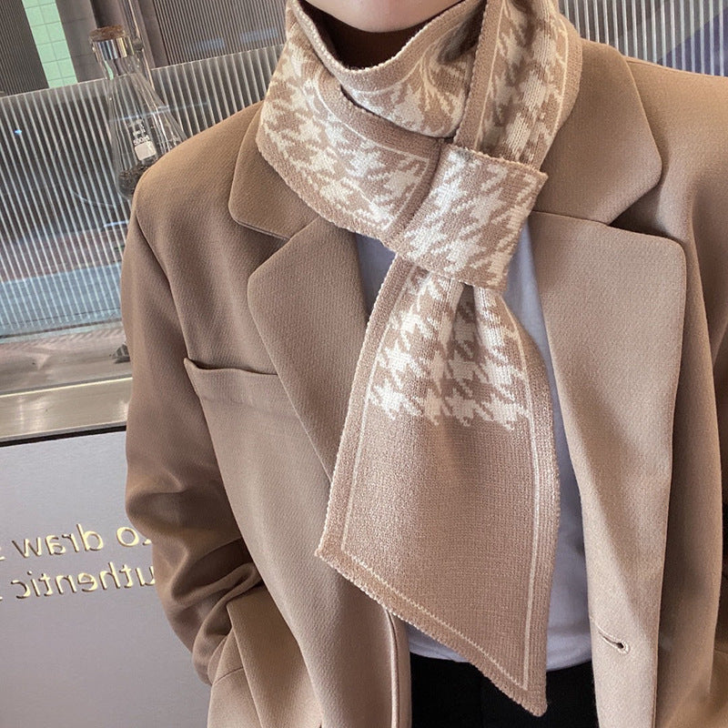 Houndstooth Knit Narrow Scarf with Small Ears N6H307