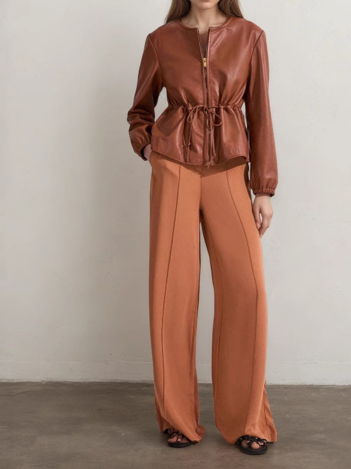 PU Drawstring Crop Coat Pleated Mid Weight Brown N5Z572