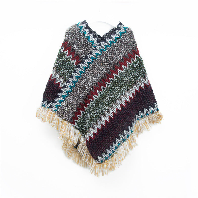 Vintage Geometric Christmas Fringe Pullover Poncho N6K252