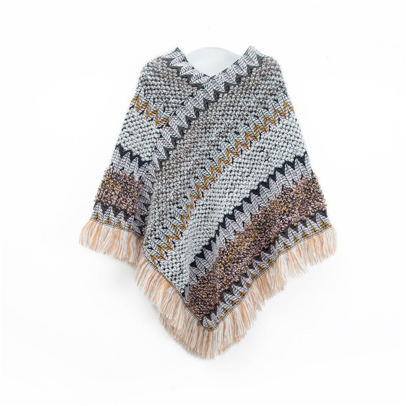 Vintage Geometric Christmas Fringe Pullover Poncho N6K252