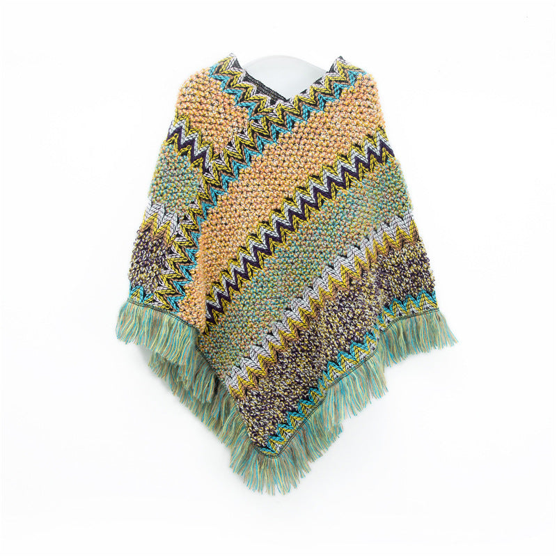 Vintage Geometric Christmas Fringe Pullover Poncho N6K252