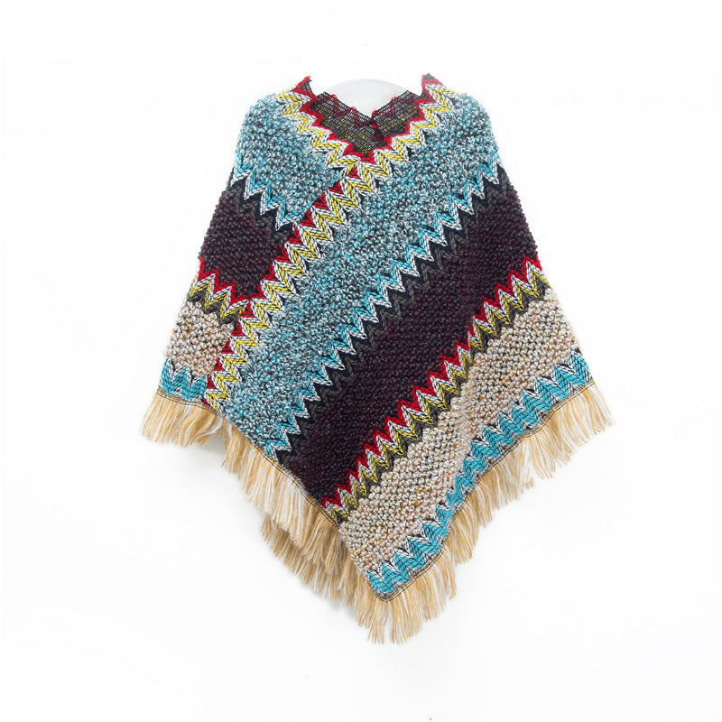 Vintage Geometric Christmas Fringe Pullover Poncho N6K252
