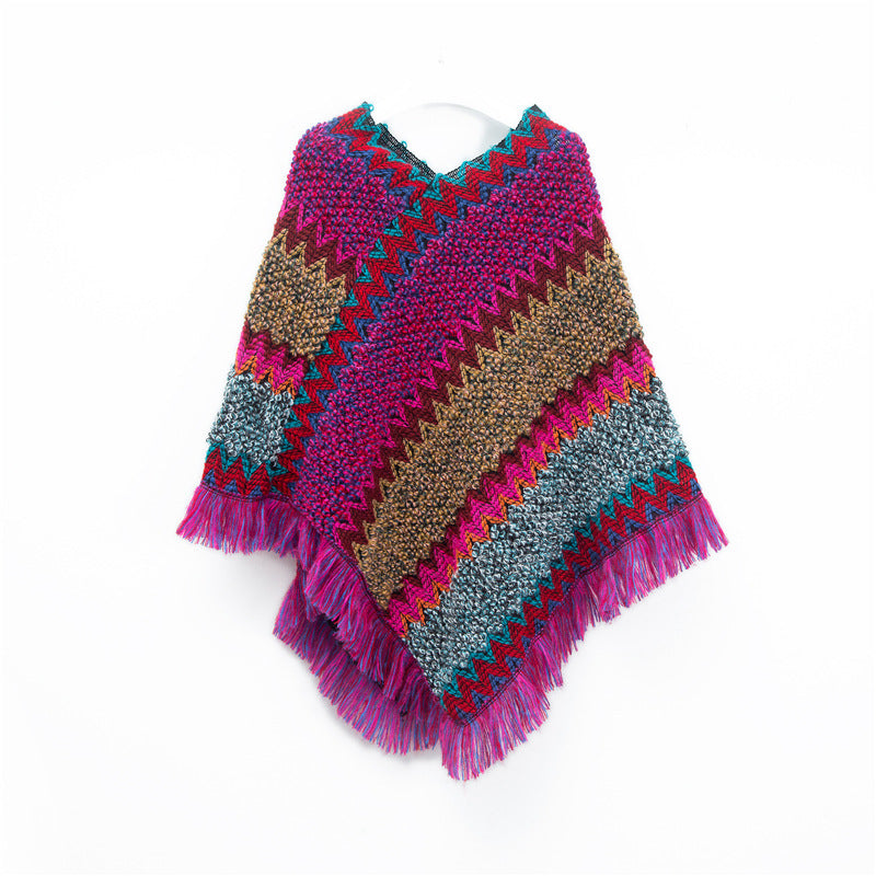 Vintage Geometric Christmas Fringe Pullover Poncho N6K252