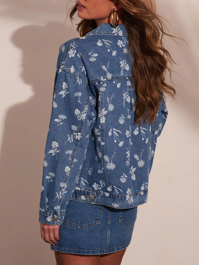 Loose Fit Printed Denim Long Sleeve Jacket Women N6G298