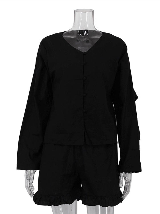 Long Sleeve Ruffle Sleeve Shirt High Waist Shorts Set N6D108