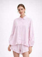 Load image into Gallery viewer, Striped Puff Sleeve Lapel Shirt and Shorts Set Women N6C188