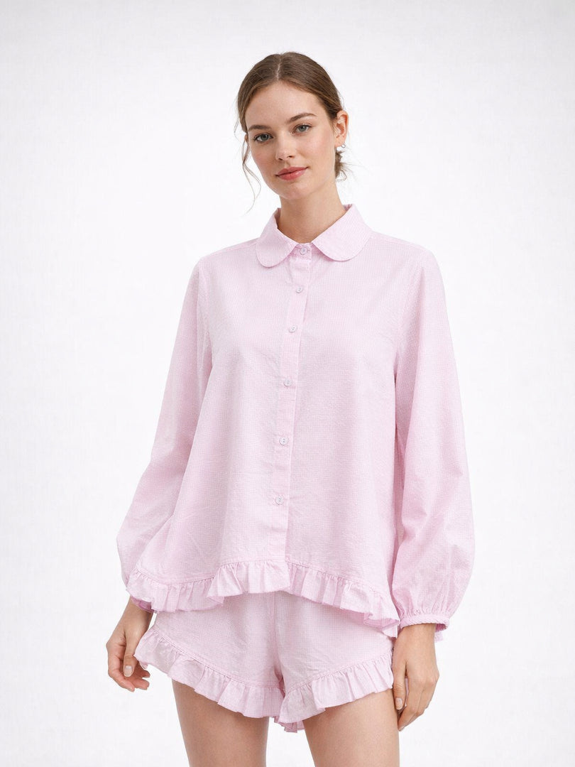 Striped Puff Sleeve Lapel Shirt and Shorts Set Women N6C188
