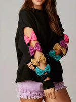 Load image into Gallery viewer, Bow Sequin Sweatshirt Long Mid Weight Black White N5Z802

